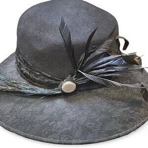 August Accessories Black Wool Fedora Hat Wide Textured Brim Gold Button Feather